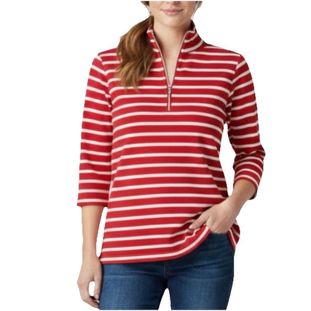 LL Bean Red White Stripes 1/4 Zip‎ French Sailor Pullover Top Size LARGE